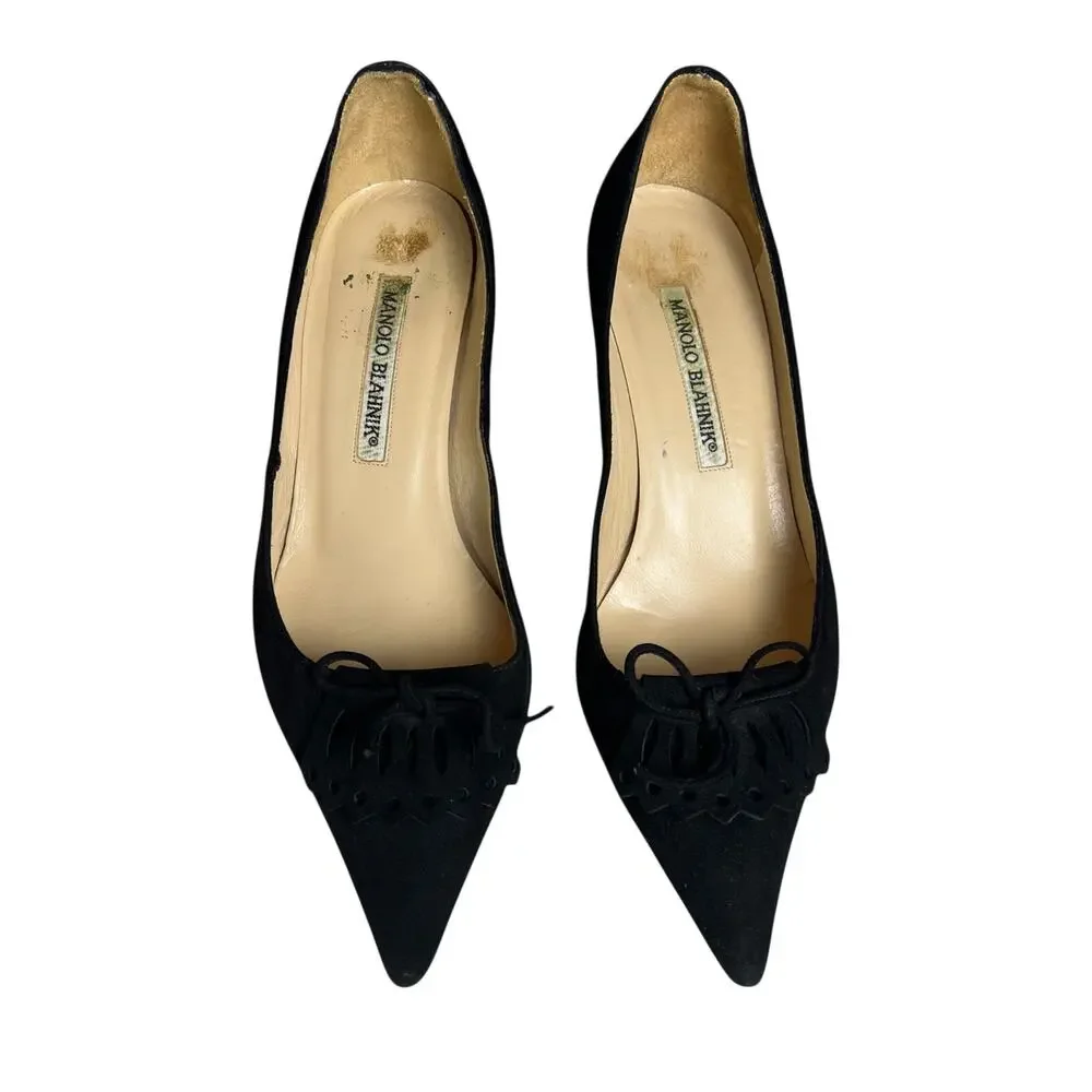 Vintage Manolo Blahnik Black Suede Bow Pumps Pointed Toe Kitten Heels 35.5